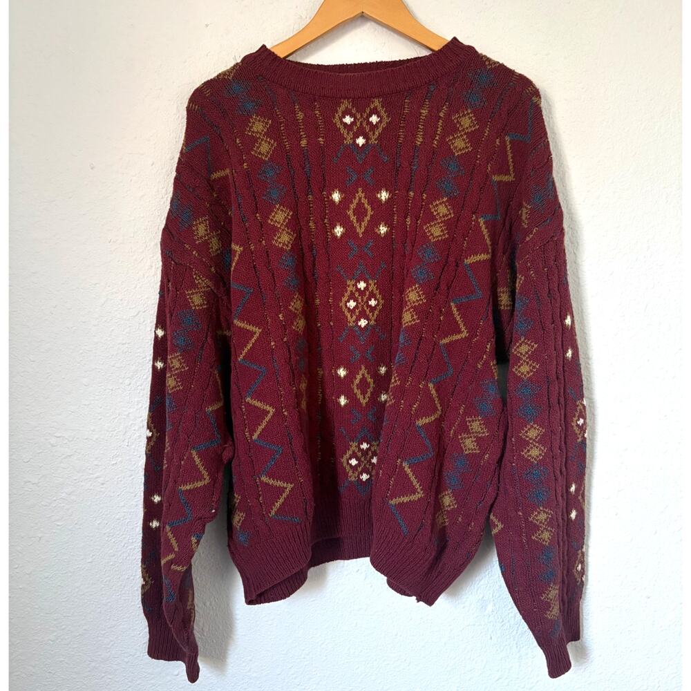 Vintage Burgundy Patterned Grandpa Sweater Oversized Cotton Fisherman Medium 90s